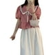 thumbnail image 1 of Blusa de manga corta abullonada para mujer, cuello vuelto, cuello en V, ribete de volantes, dobladillo con volantes, Top frontal con lazo, Rosa M, 1 of 8