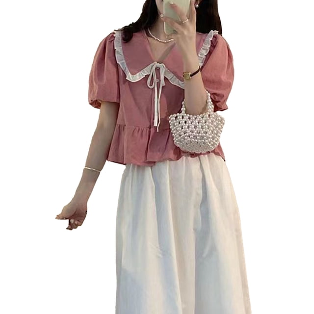 Blusa de manga corta abullonada para mujer, cuello vuelto, cuello en V, ribete de volantes, dobladillo con volantes, Top frontal con lazo, Rosa M