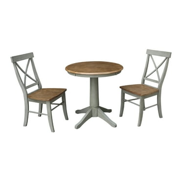 30'' Round Solid Wood Pedestal Dining Table with 2 Cross Back Dining Chairs in Distressed Hickory/Stone