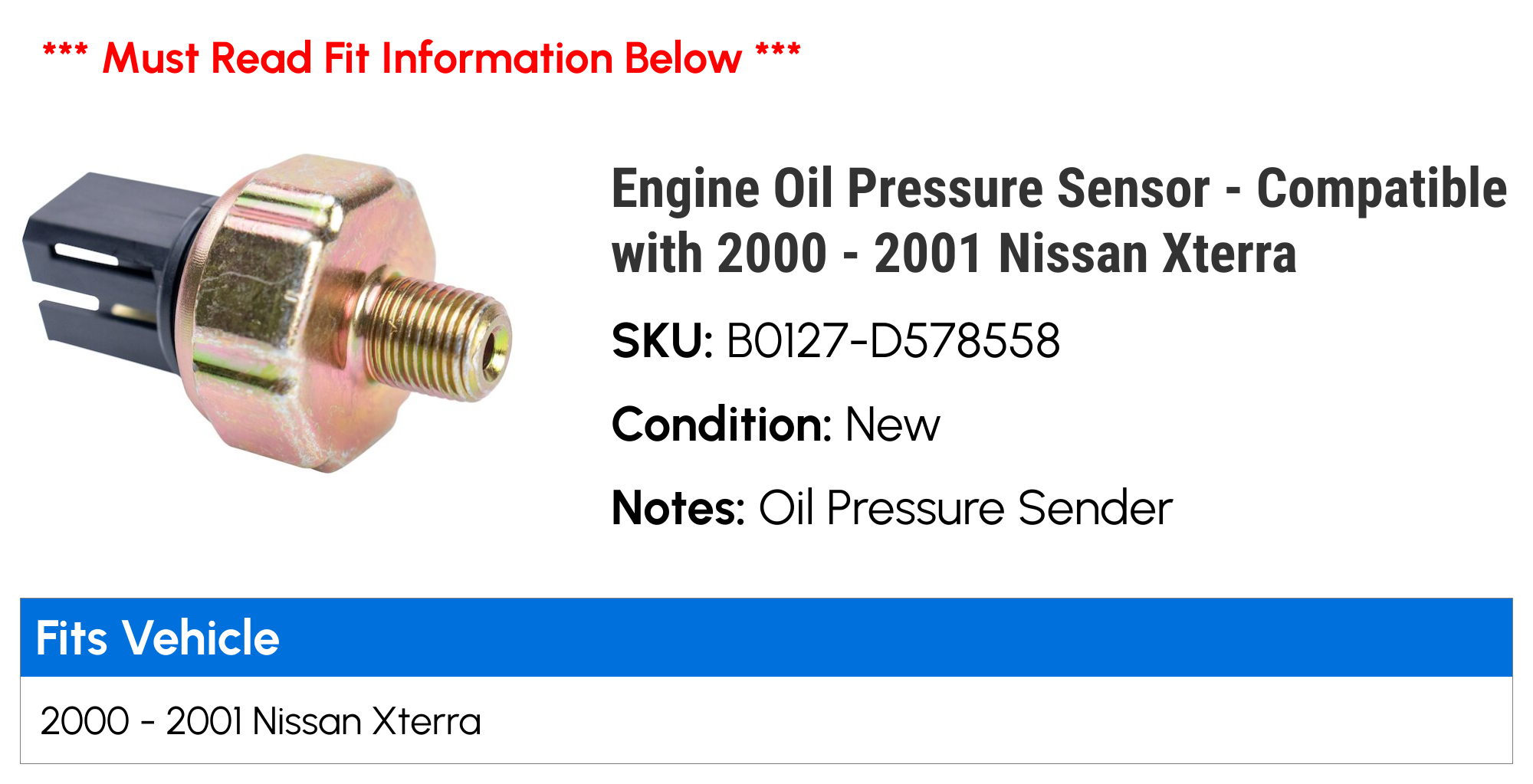 Engine Oil Pressure Sensor - Compatible with 2000 - 2001 Nissan Xterra