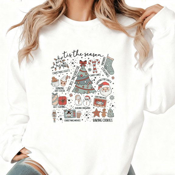 Women's Tis The Season Christmas Printed Round-neck Long-sleeved Cotton Sweatshirt White S-3XL