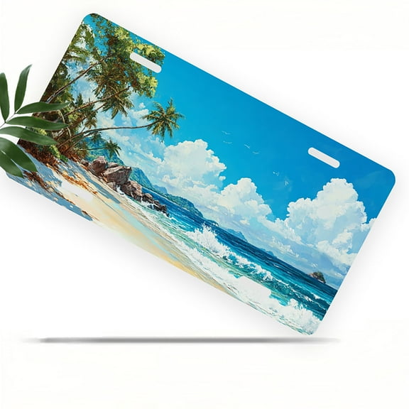 License Plate, Tropical Beach Landscape Decorative Front,Personalized Stainless Steel License Plate Cover For Men Women,12.2" X 6.2"