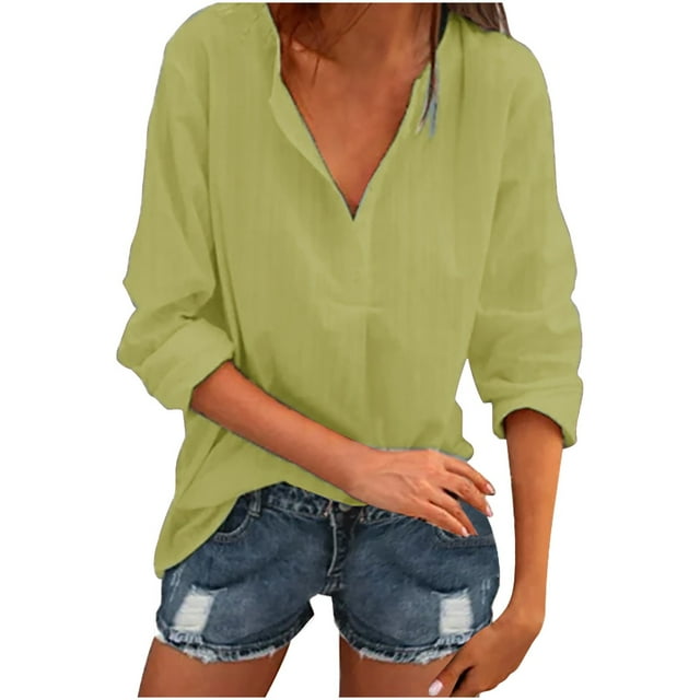Birdeem Women Solid Color Tops Button V Neck T-Shirts Blouse