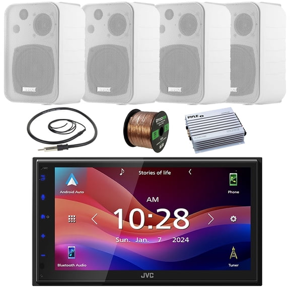 JVC KW-M695BW 6.8" WSVGA LCD Display Single-DIN Bluetooth USB/MP3 Digital Media Shallow Chassis Multimedia SiriusXM Ready Receiver, 4x 4" 30W Max In Door/Out Door Speakers W/Wire, Amplifier, Antenna