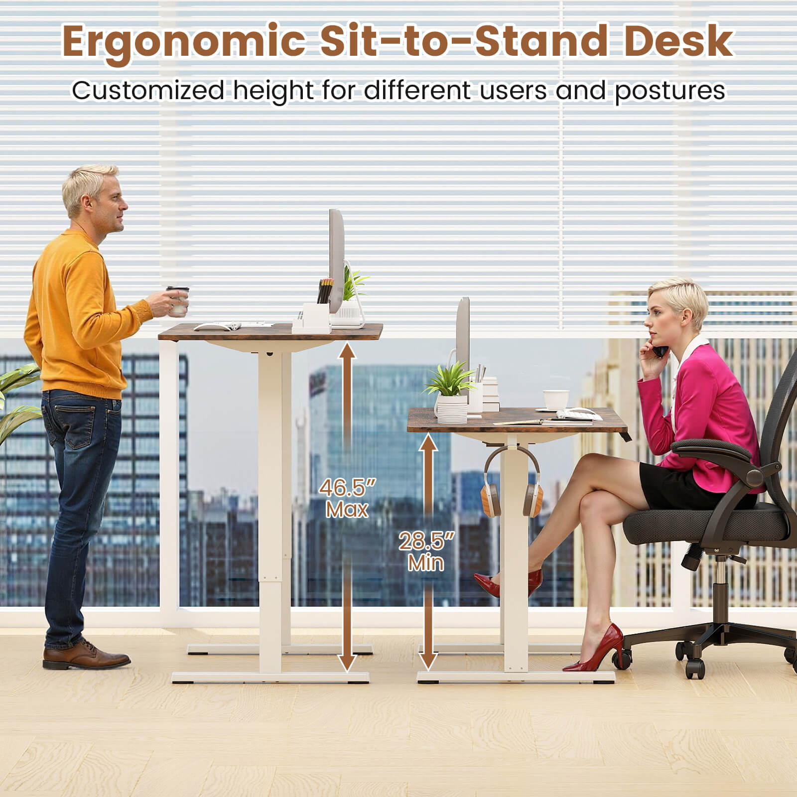 Costway 48” x 24” Electric Standing Desk with LED Display 2 Memory Height Settings for Home Rustic Brown+White