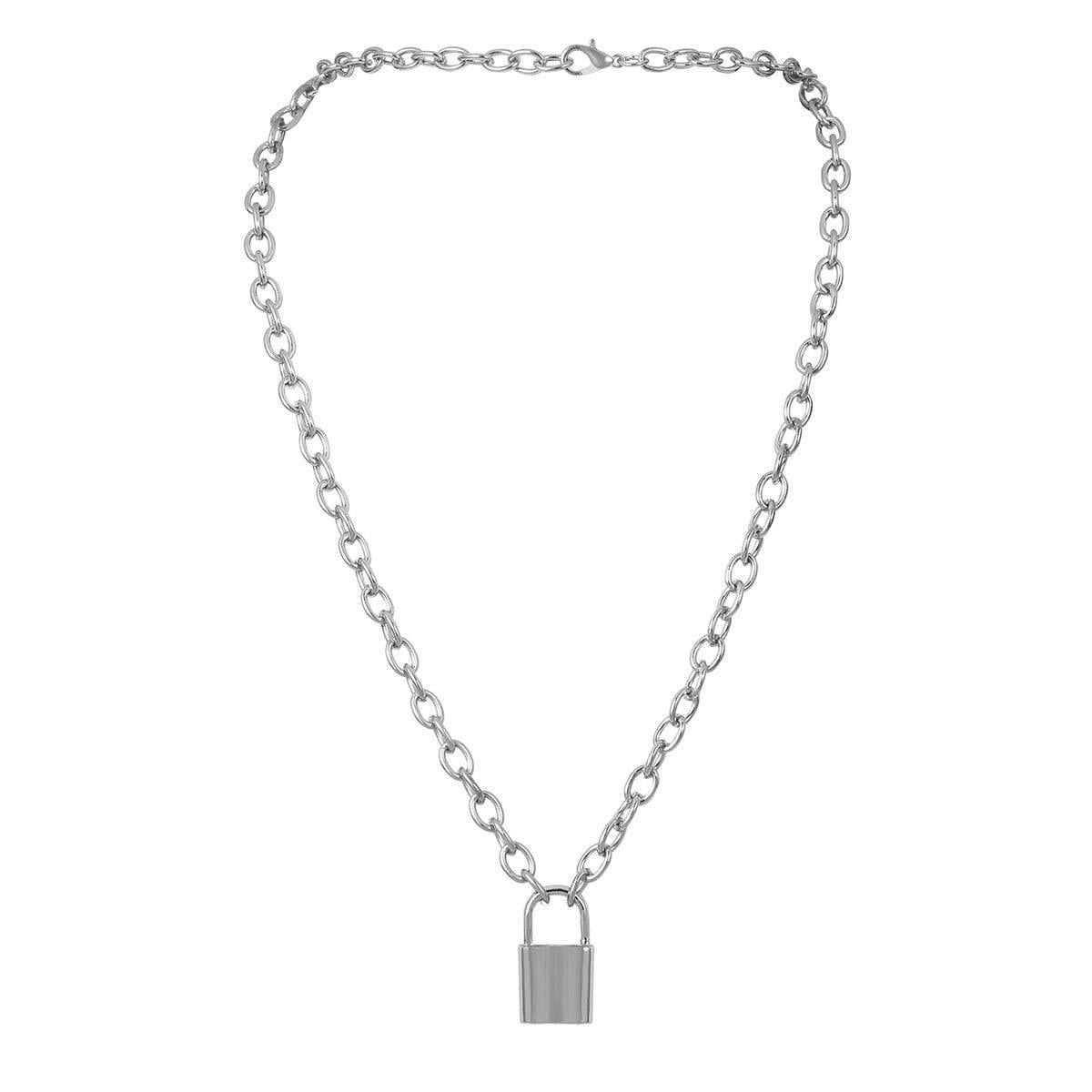 Qiuseadu 7th Moon Lock Pendant Necklace Statement Long Chain Punk  Multilayer Choker Necklace for Women Girls (Silver)