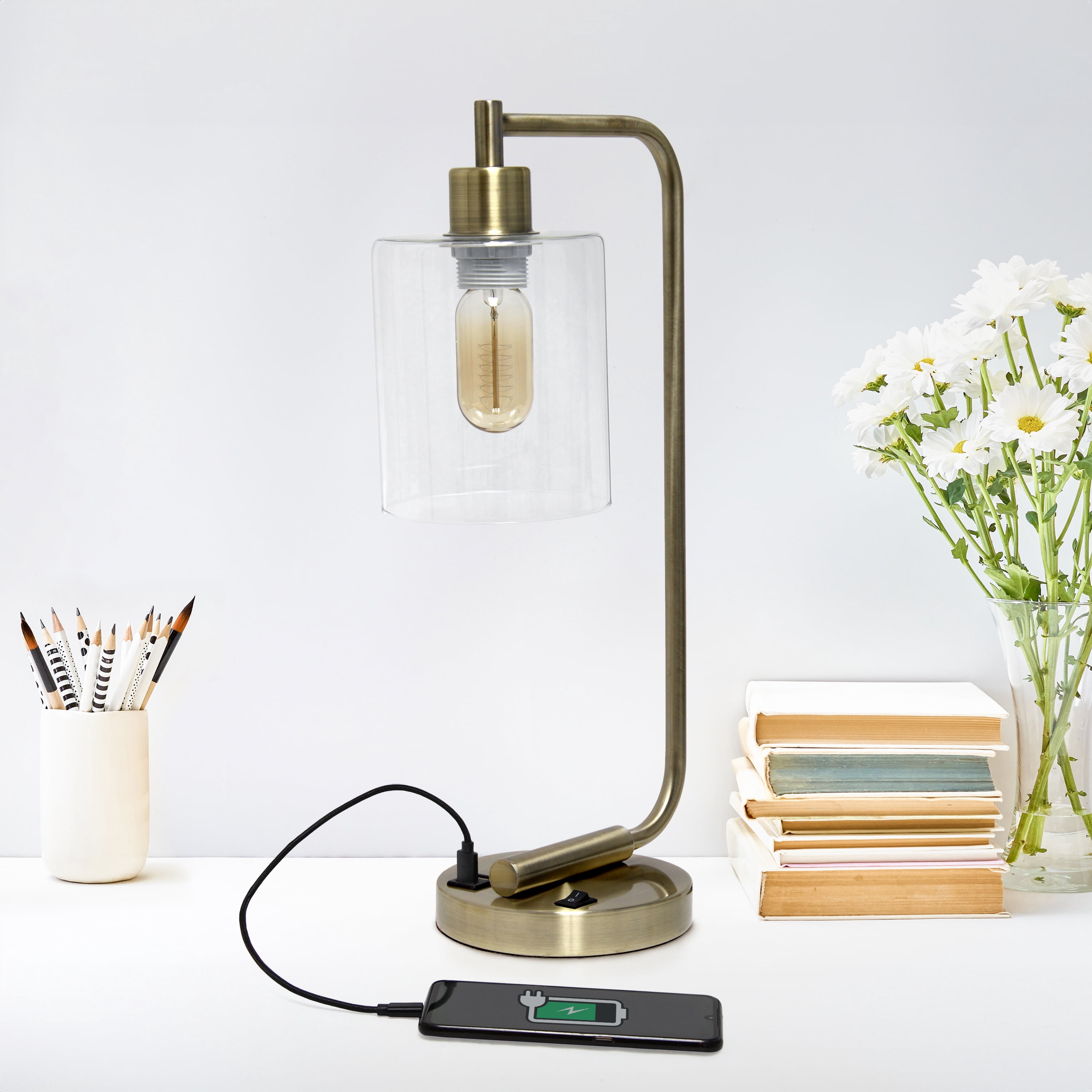 Creekwood Home 18.8" Vintage Industrial Curved Arm Desk Lamp with USB Ports, Antique Brass