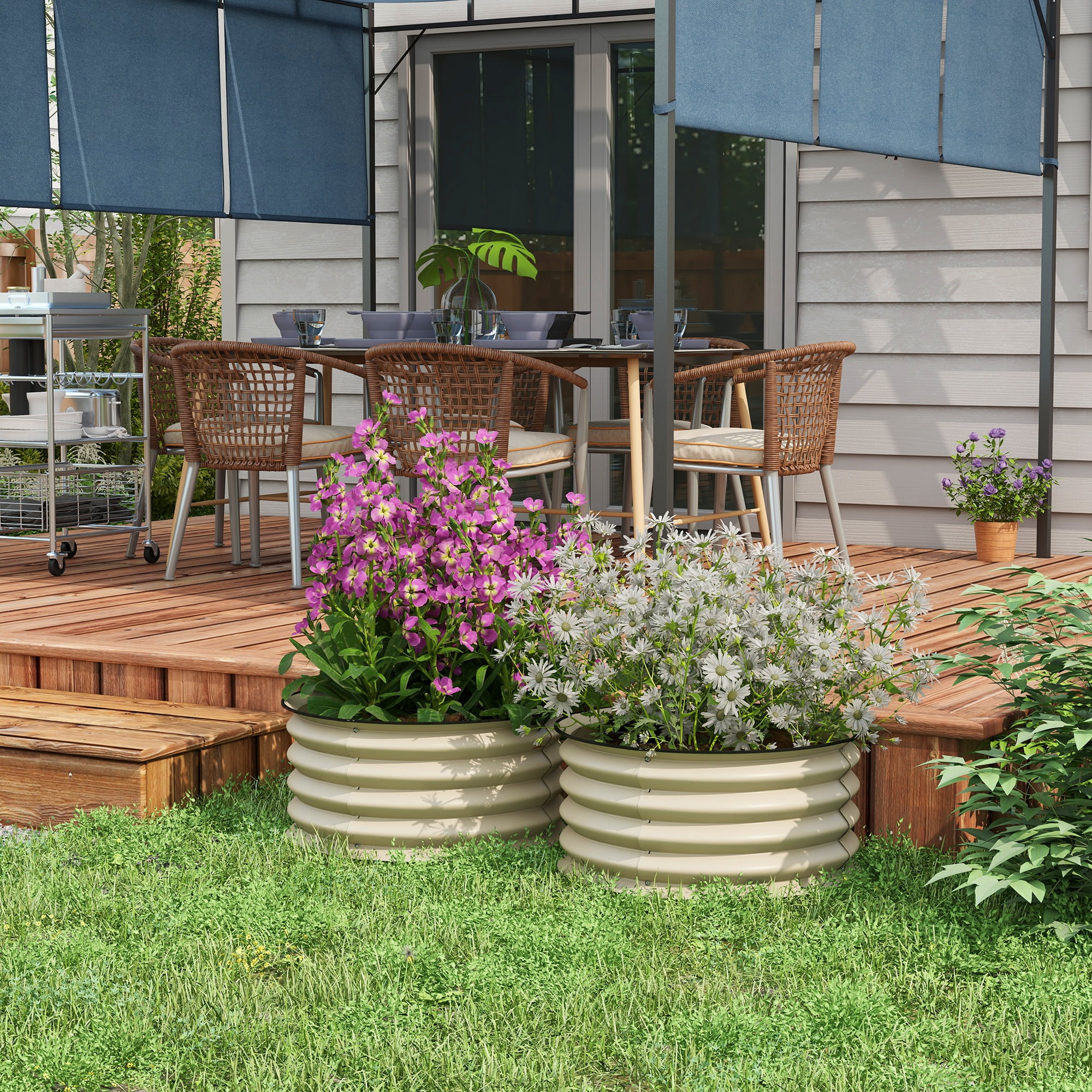 Galvanized Raised Garden Bed Set of 2, Planters for Outdoor Plants with Safety Edging, Easy-to-assemble Stock Tanks for Growing Flowers, Herbs and Vegetables, Cream White