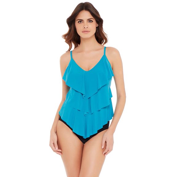 MagicSuit Women's Swimwear Solid Rita V-Neck Tankini Top with Soft Cup Bra and Adjustable Straps, Pool, 14