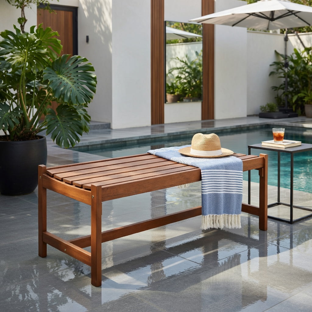 Hommoo 44" Outdoor Hardwood Patio Bench Set of 2, Teak Oil Finished Solid Teak-Look Dining Benches for Garden, Deck & Entryway, Ergonomic Slatted Design, Natural