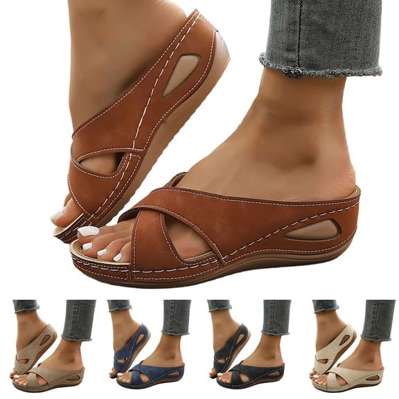 Dakaela Orthopedic Wedge Sandals Womens 2026 Cutout Summer Casual Slides with Arch Support Slip on Slippers for Beach Vacation Walking Beige 6.5