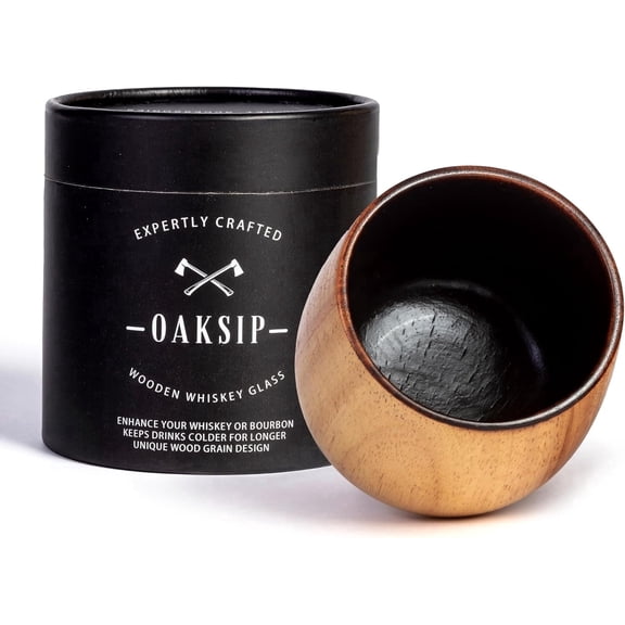Oaksip Wooden Whiskey Glass, Drinking Glass for Bourbon Whiskey, Charred Oak Cup (1 Pack)