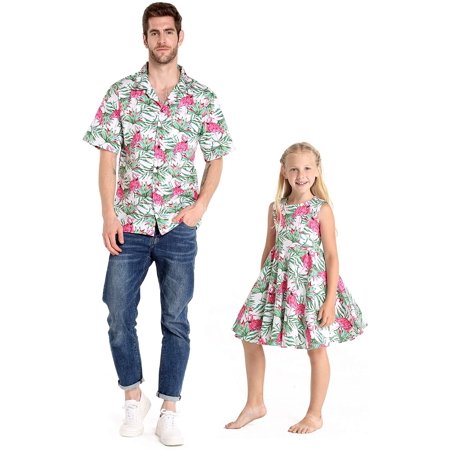 Matching Father-Daughter Hawaiian Outfit - Men's Aloha Shirt & Girl's Gypsy Dress, Hibiscus Red Pattern