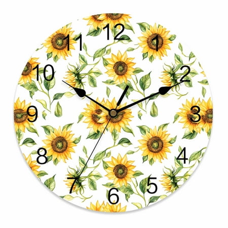 Wall Clock 10 Inch Watercolor Sunflower Pattern Round Silent Decorative Wall Clocks Battery Operated for Living Room Bedroom Kitchen Classroom Decor, Floral Botanical Print,Small