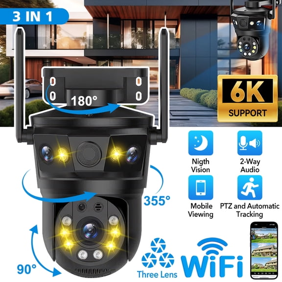 PEPWELL AI Motion Auto Tracking PTZ Camera - 12MP 6K, Three Lens 360° View, 16X Zoom, Color Night Vision, IP66 Waterproof, 24/7 Recording for Outdoor Surveillance
