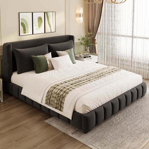 Euroco Velvet Upholstered King Size Platform Bed with Wingback Headboard and Pillows, Black