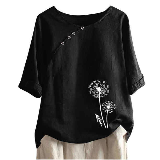 Blusas de Manga Corta para las Mujeres Impresas Cuello Redondo Camiseta Casual, Blusa de Algodón de Imitación para las Mujeres