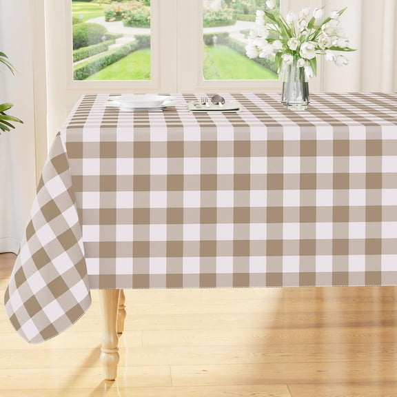 Rectangle Table Cloth, Waterproof Vinyl Tablecloths with Flannel Backing, Wipeable Buffalo Plaid Table Cover for Dining, Indoor and Outdoor (Khaki & White, 60"x84")