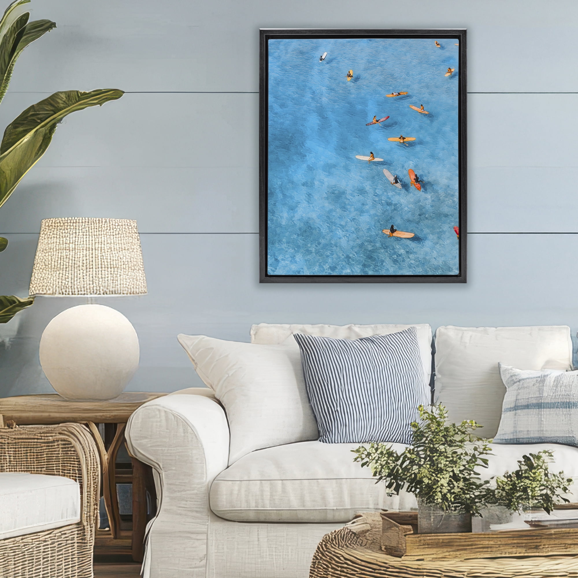 Stupell Industries Leisurely Surfers on Sea Black Framed Floater Canvas Wall Art, design by Jesse Keith