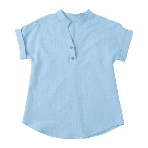 XQYLOS Girls Linen Tunic Blouse Summer Casual Button-Down V-Neck Short Sleeve Lightweight Top 2025 Trendy Kids Solid Color