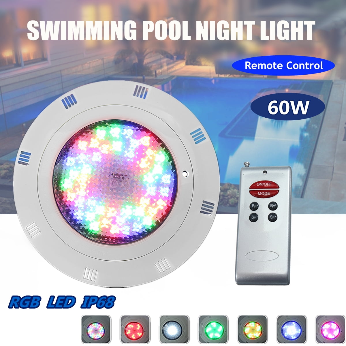 12V 60W 7Color Underwater Swimming Pool LED RGB Bright Light W/ Remote