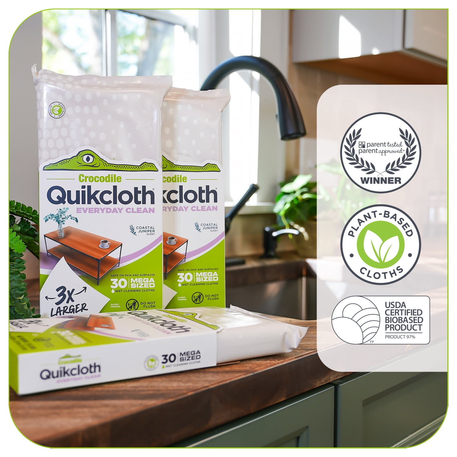 Quikcloth® Everyday Clean Plant-Based Cleaning Wipes – Parent Tested & Approved with Gentle, Plastic-Free, Safe for Hands & Home Surfaces