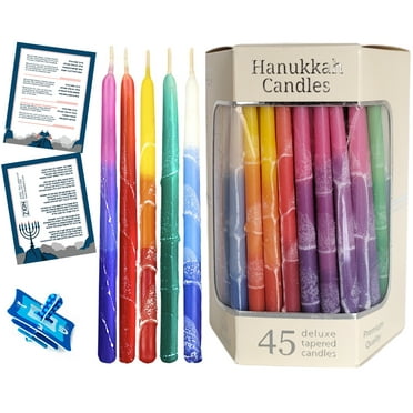 Deluxe Dripless Kosher Hanukkah Candle Set of 45 Premium Colorful Thin Tapered Candles for Standard Chanukah Menorah, Birthday Party, Celebrations Frosted Tri Color Candles by Aviv Judaica