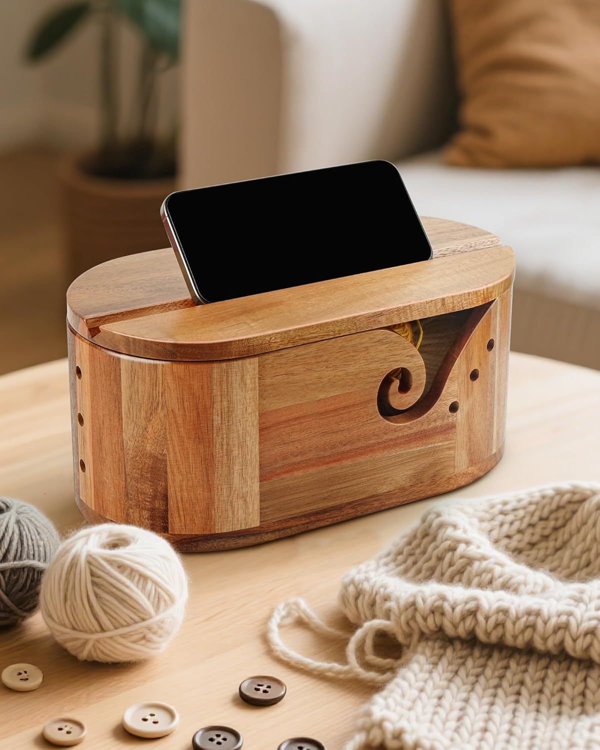 DoubleFill Oval Wooden Yarn Bowls for Knitting, Acacia Crochet Yarn Holder with 9pcs Hooks and Lid Crochet Knitting Storage Bowl for Knitters Gift Craft, 11.2" x 6.1"x 4.8"