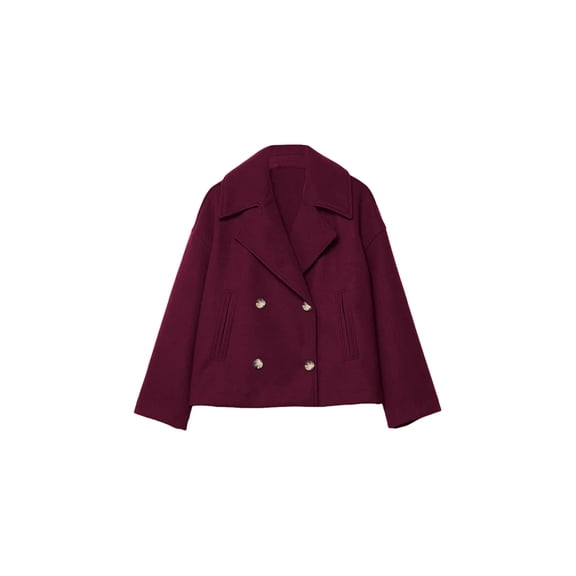 Women'S Fashionable Commuting Collar Double Row Buckle Short Woolen Loose Coat Rose Red M