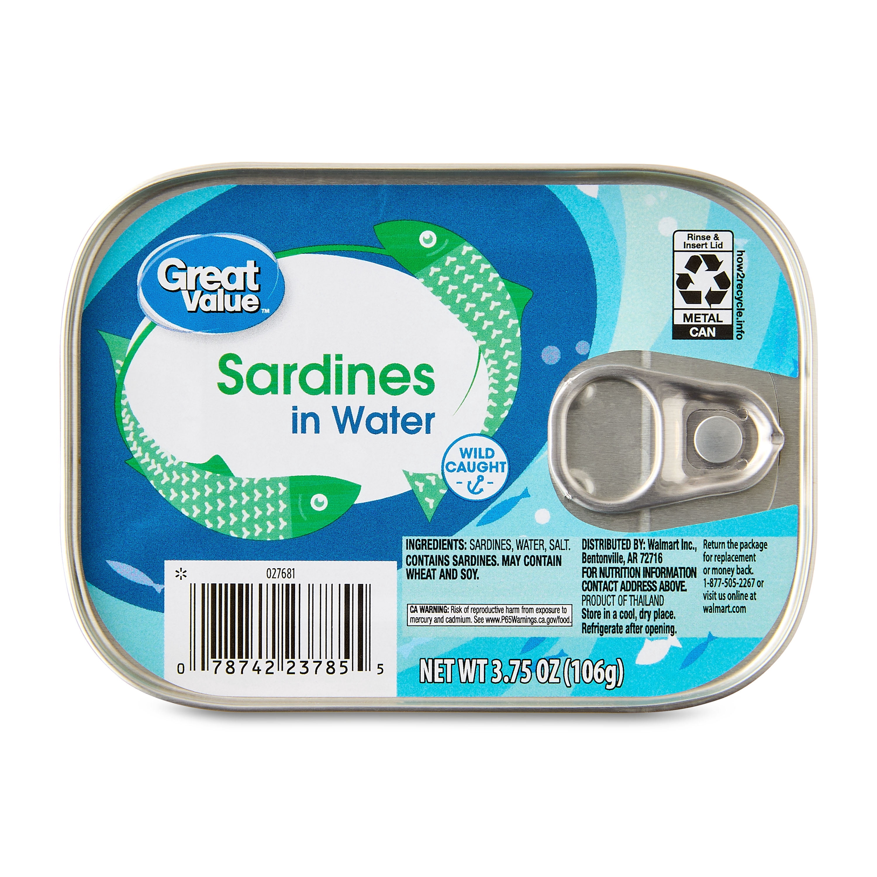 (6 pack) Great Value Sardines in Water, 3.75 oz