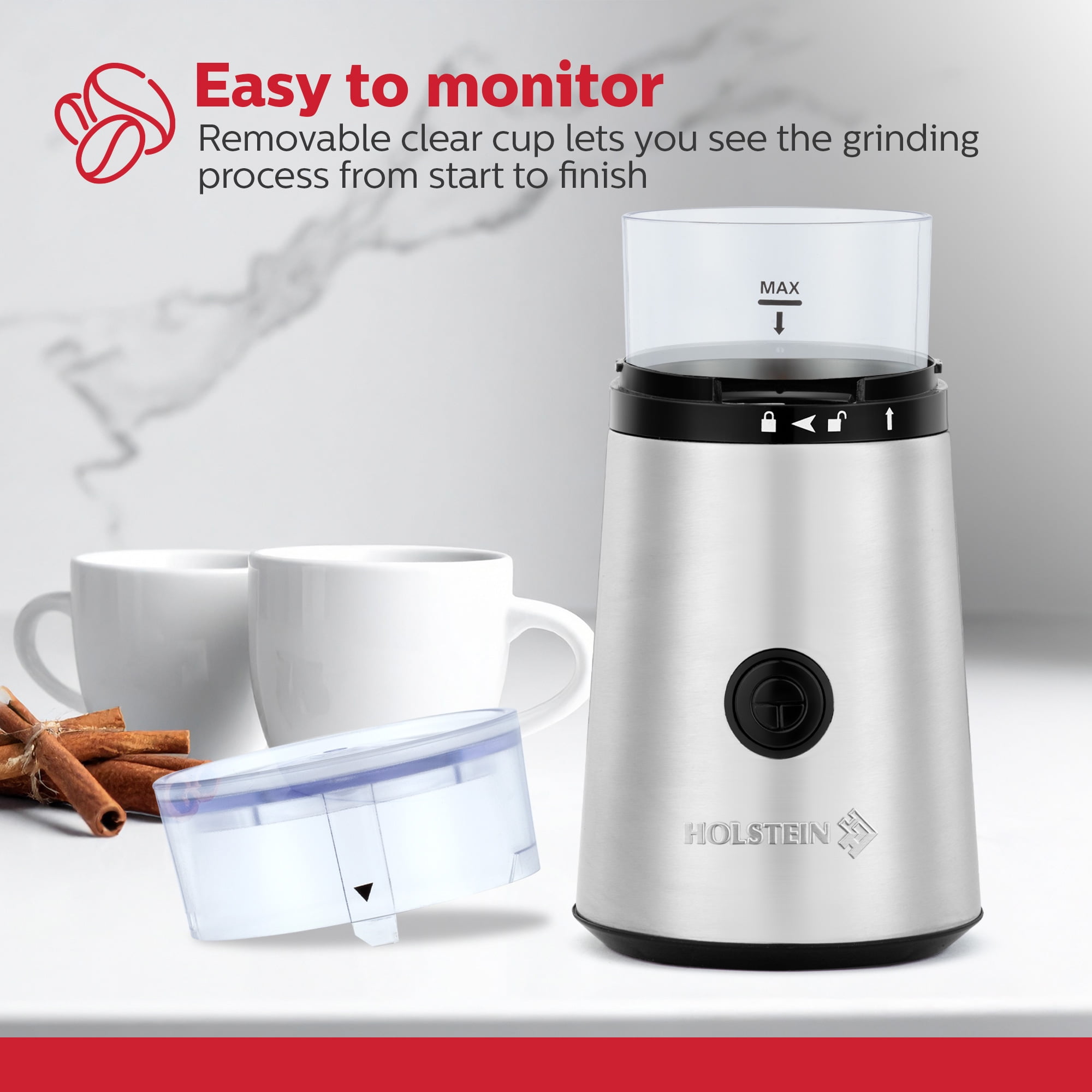 Holstein Housewares Electric Coffee Grinder Featuring a 2.1oz Capacity, Stainless Steel Blades, 150-Watt Motor for Coffee Beans, Nuts, Herbs, Grains, and Spices pulse Function