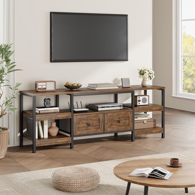 Mueble de TV industrial para sala de estar – 2 cajones, 5 estantes abiertos, estructura metálica, acabado rústico, soporta televisores hasta 85 pulgadas – Color clásico, 2 metros