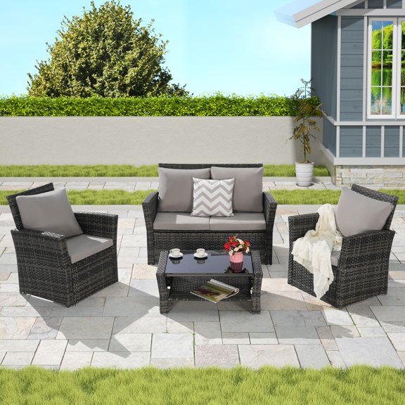 4-Piece Outdoor Patio Furniture Sets Garden Rattan Chair Wicker Set, Poolside Lawn Chairs with Tempered Glass Coffee Table Porch Furniture (Light Grey)