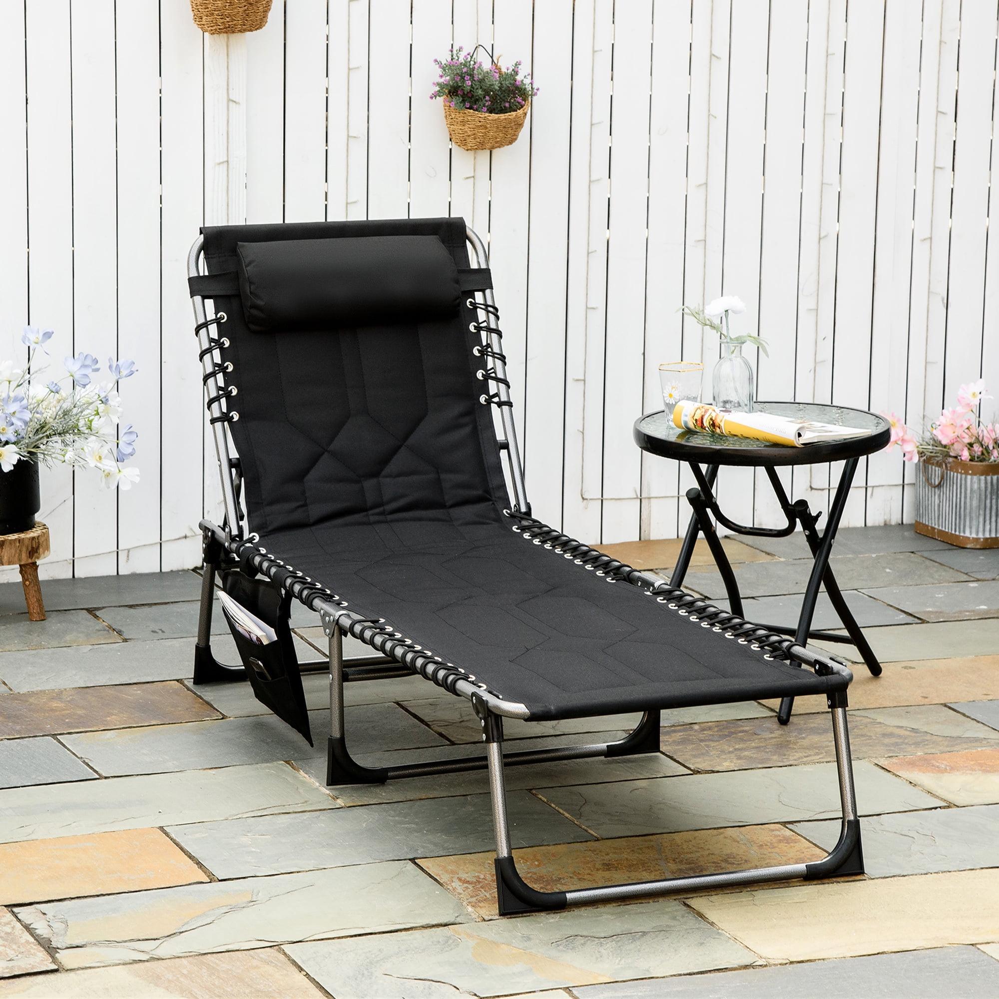 Folding Chaise Lounge Chair, Outdoor 6-Level Reclining Camping Tanning Chair with Headrest