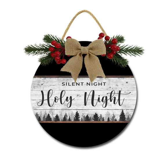 Holy Night Sign for Front Door Decorations, Rustic Round Wood Holiday Sign, Front Door Wreath Burlap Wooden Hanging Signs for Outdoor Farmhouse Porch Home Christmas Holiday Decor