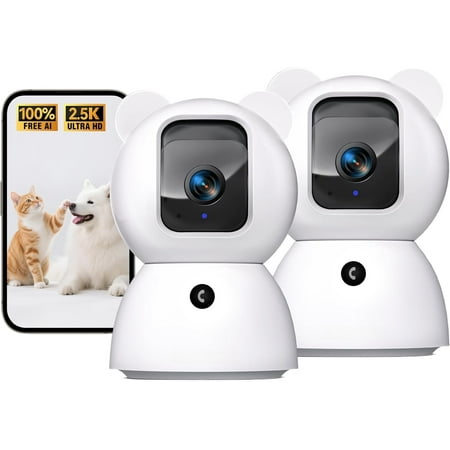 2.5K Indoor Camera 2pack, Non-Subscription AI Person/Pet/Cry Detection, 4MP Pet/// Camera w/Phone App, Pan Tilt 2.4GHz WiFi Cameras for , Night Vision, Full Duplex 2-Way Audio