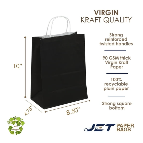 Jet Paper Bags 50 PCS 8 1/2" x 5" x 10H" CARA Black Kraft Paper Shopping Bags with Twisted Handles