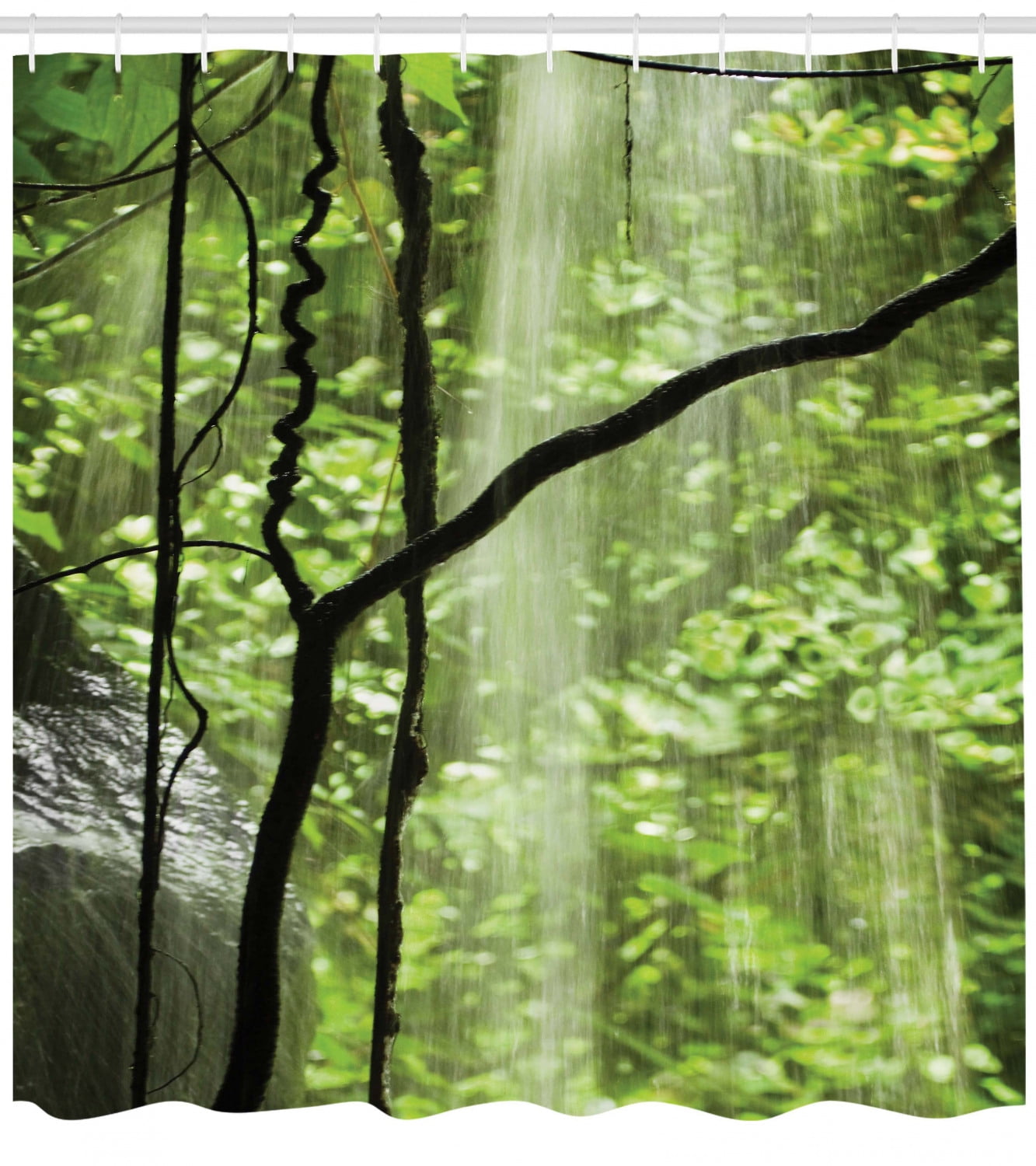 Rainforest Shower Curtain, Jungle View with Waterfall Rocks and Trees
