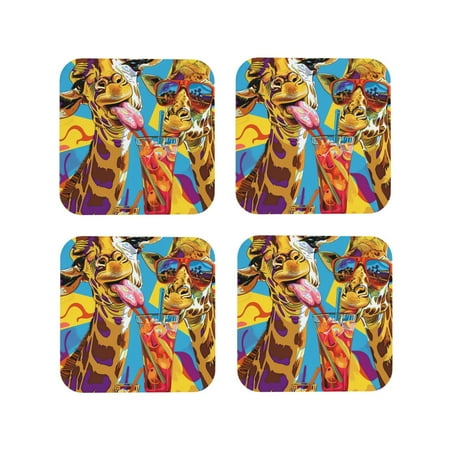 

Fuzoiu Colorful Giraffes with Drinks Print Leather Coasters Set Drink Coasters Set of 4 for Tabletop Protection Durable PVC Coasters Home Décor and Housewarming Gift-Square