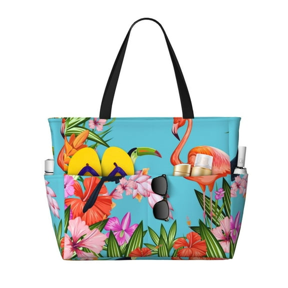 Naloa Tropical Jungle Flamingo Large Capacity Beach Bag, Waterproof Sandproof Beach Swim Pool Bag Tote Bag for Women