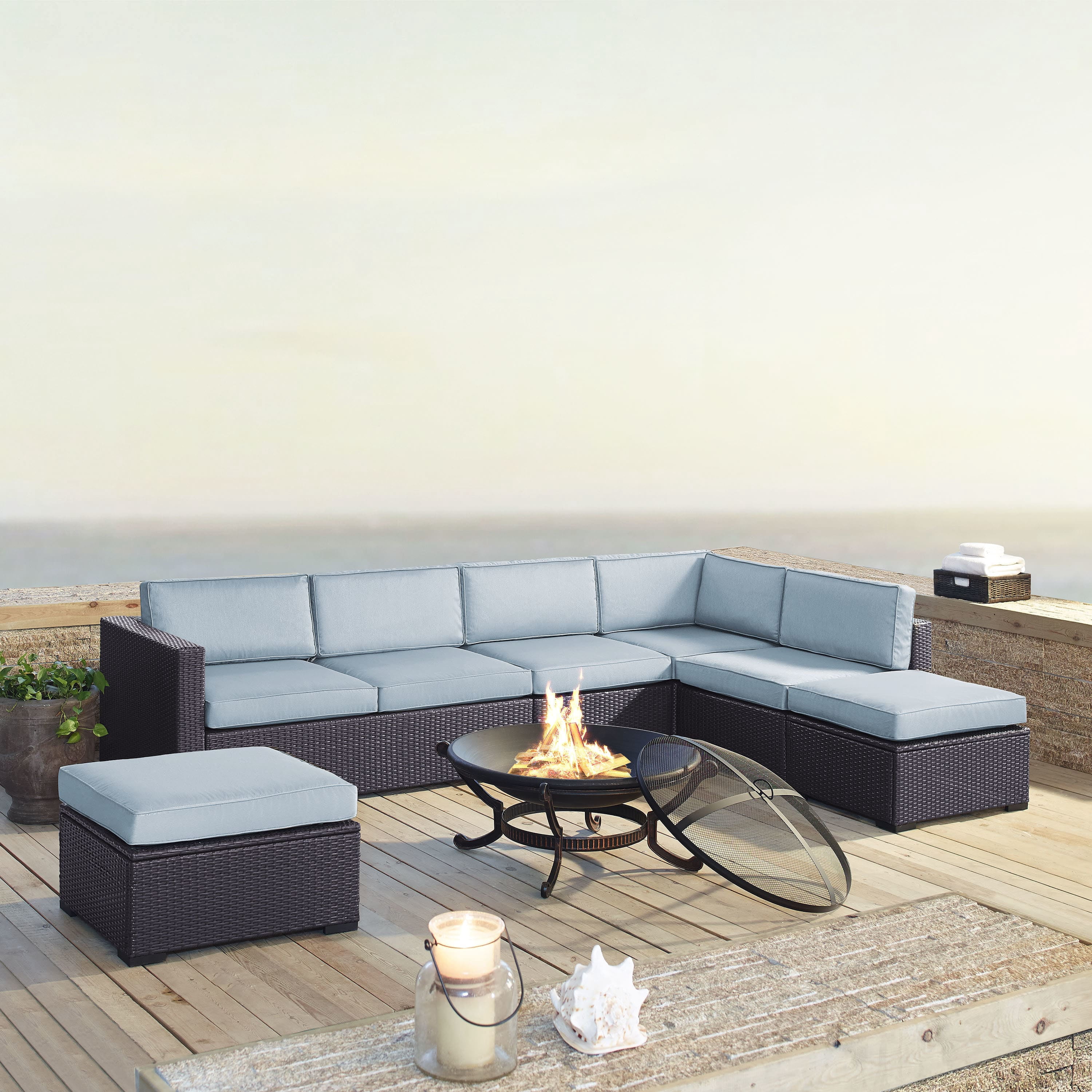 Crosley Furniture Biscayne 7 Person Outdoor Wicker Seating Set In Mist