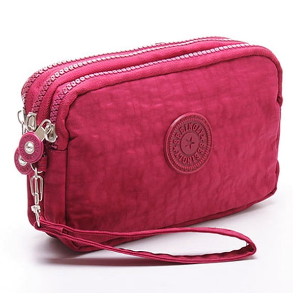 Portable Retro Solid Color Simple Cosmetic Bags Fabric Phone Purse Korean Style Wallets Wrinkle Clutch Bag Women Wallets Three Zippers Bags WINE RED