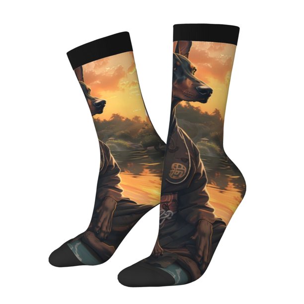 Fotbe Sunset Meditating Doberman Calcetas Largas con Estampado para Hombre y Mujer – Calcetas de Compresión Transpirables y Elásticas, Viajar y Uso Diario Talla 5-11