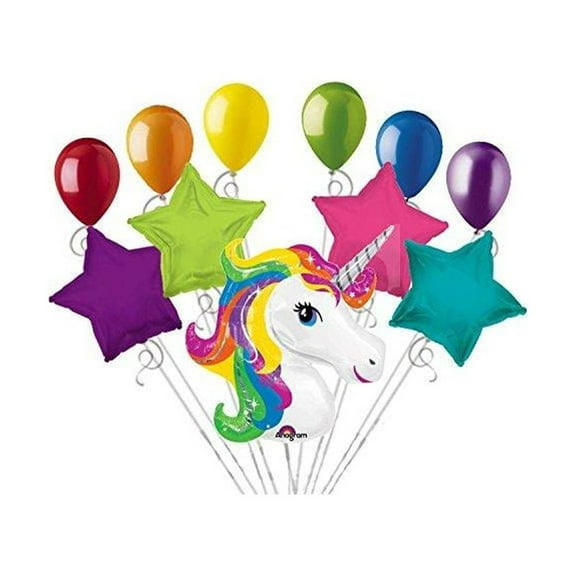 11pc bright rainbow unicorn happy birthday balloon bouquet