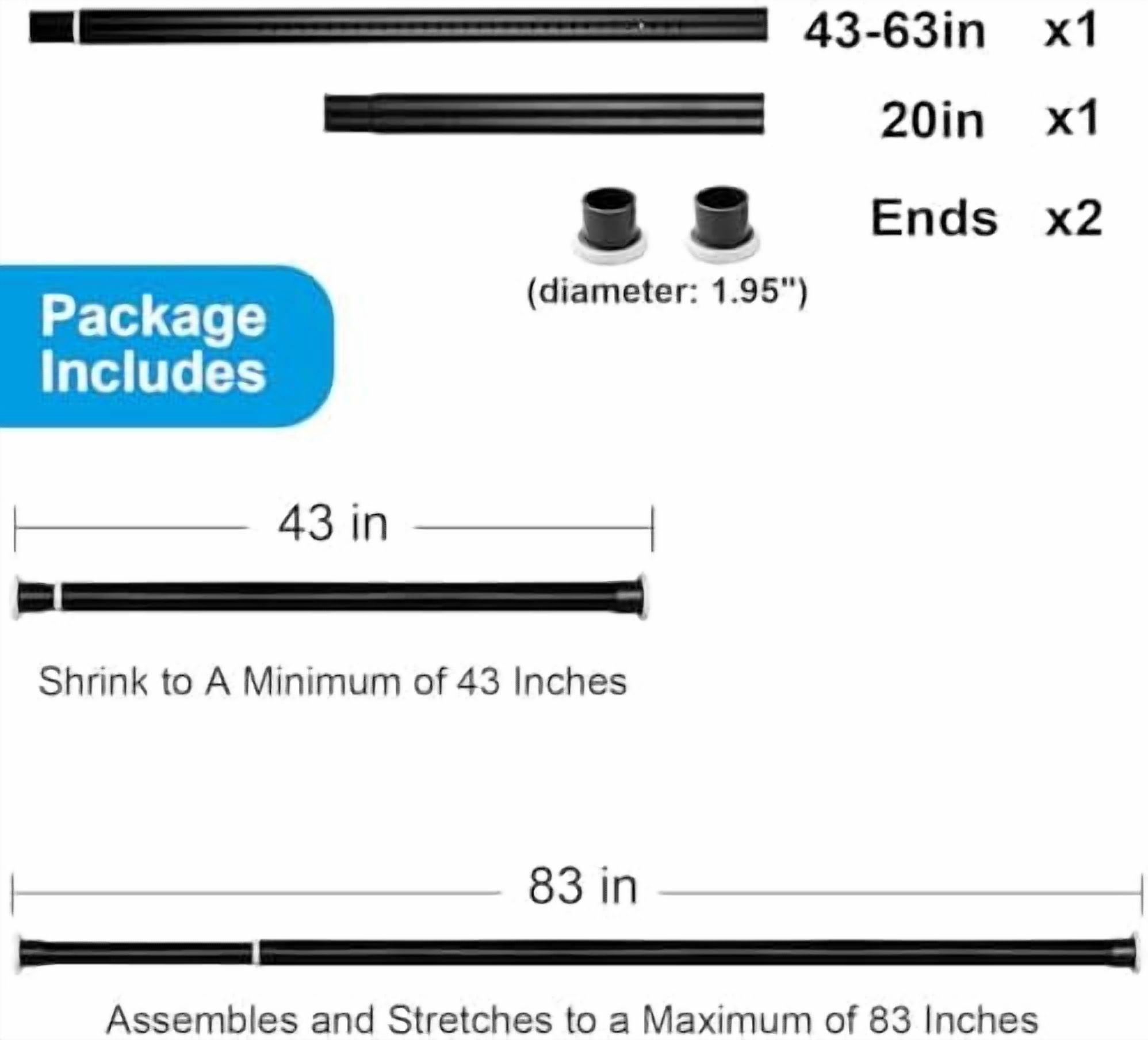 Tension Curtain Rod 43 to 83 Inches (3.6 to 7 ft), 1.26" Diameter Spring Adjustable Heavy Duty Long Large Curtains Pole for Windows Door Bathroom Patio Outdoor No Drilling, Black