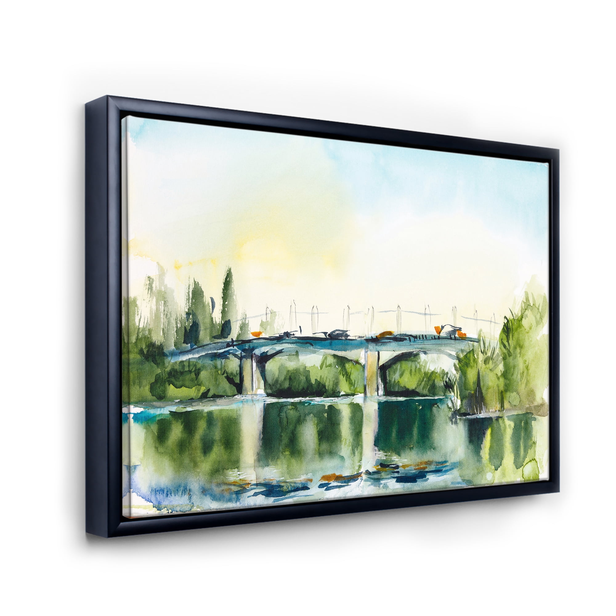 Designart 'Landscape With Old Bridge Over River In The Countryside' Traditional Framed Canvas Wall Art Print