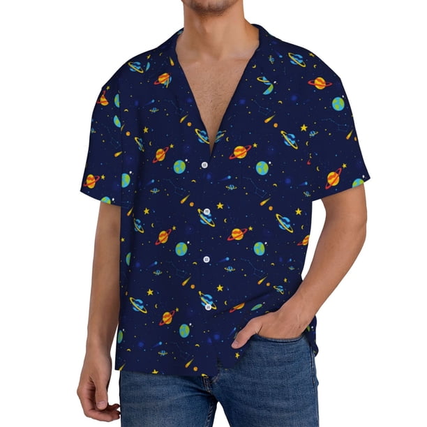 Balery Space Galaxy Camisa Casual de Manga Corta con Botones para Hombre, Texturizada, Estilo Cubano, para Playa, Verano-X-Large