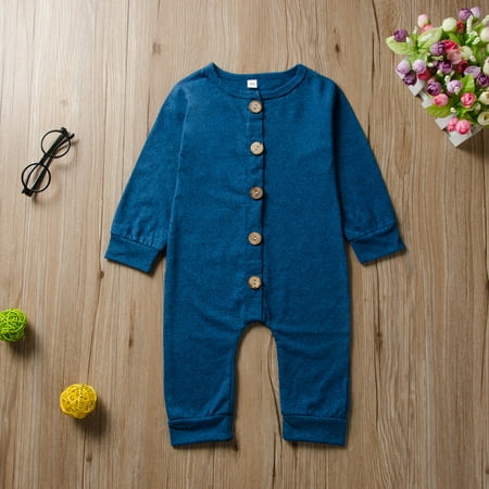 

Baby Boys Girls Long Sleeve Button Solid Jumpsuit Romper