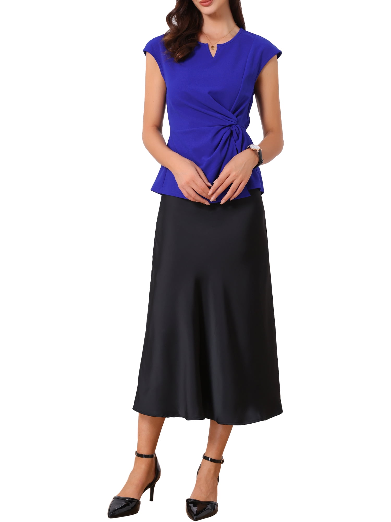 INSPIRE CHIC Twist Tops for Women's Notched Neck Cap Sleeve Casual