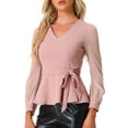 thumbnail image 4 of INSPIRE CHIC Women's Mesh Long Sleeve V Neck Ruffle Hem Peplum Top with Belt, 4 of 5